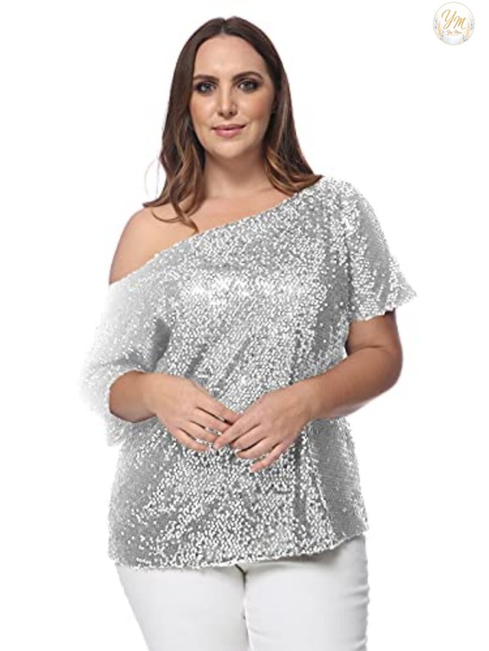 Plus Size One Shoulder Sequin Party Club Top Relaxed Fit Short Sleeve